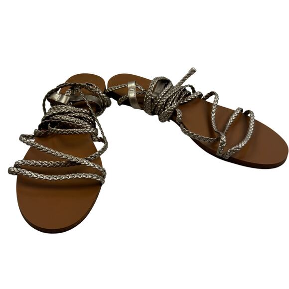 J. Crew Metallic Gold Braided Leather Ankle Wrap Boho Classic Sandals Women's 8 - Picture 1 of 10